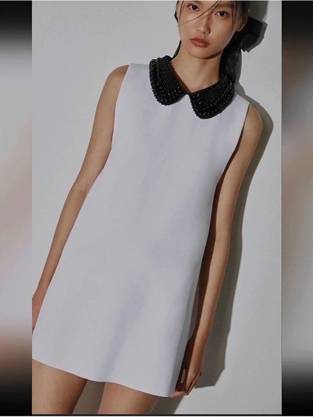 Zara White Mini Dress with Black Beaded Peter Pan Collar